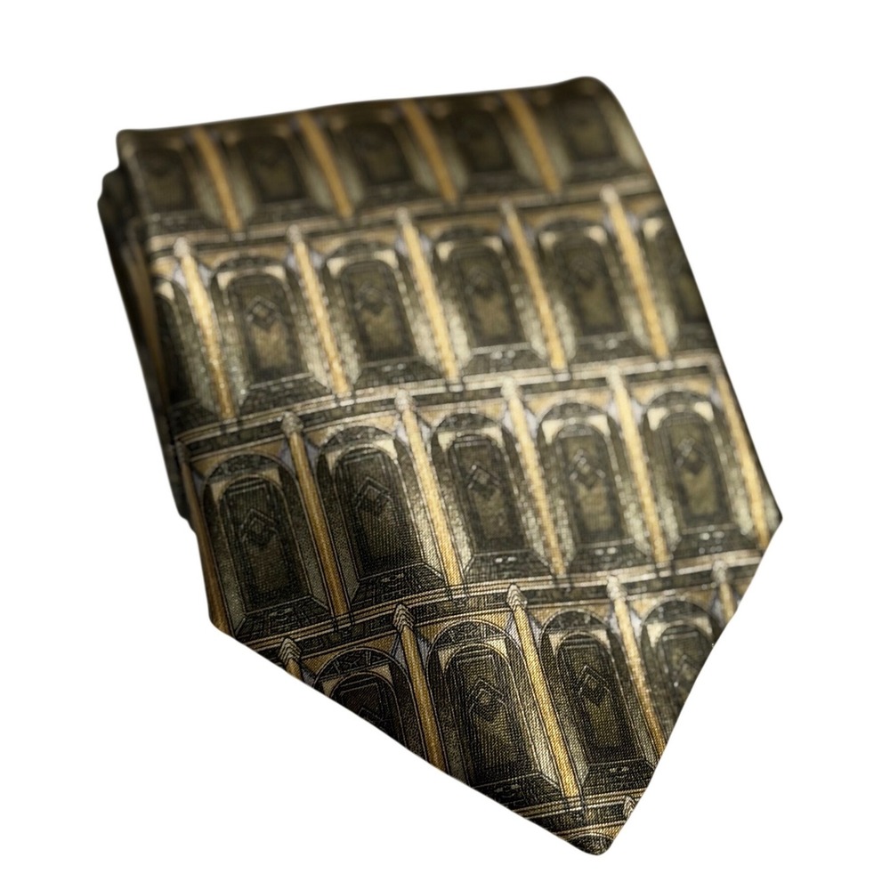 David Taylor Necktie Gold Brown Geometric Arch Pattern Polyester OS Mens